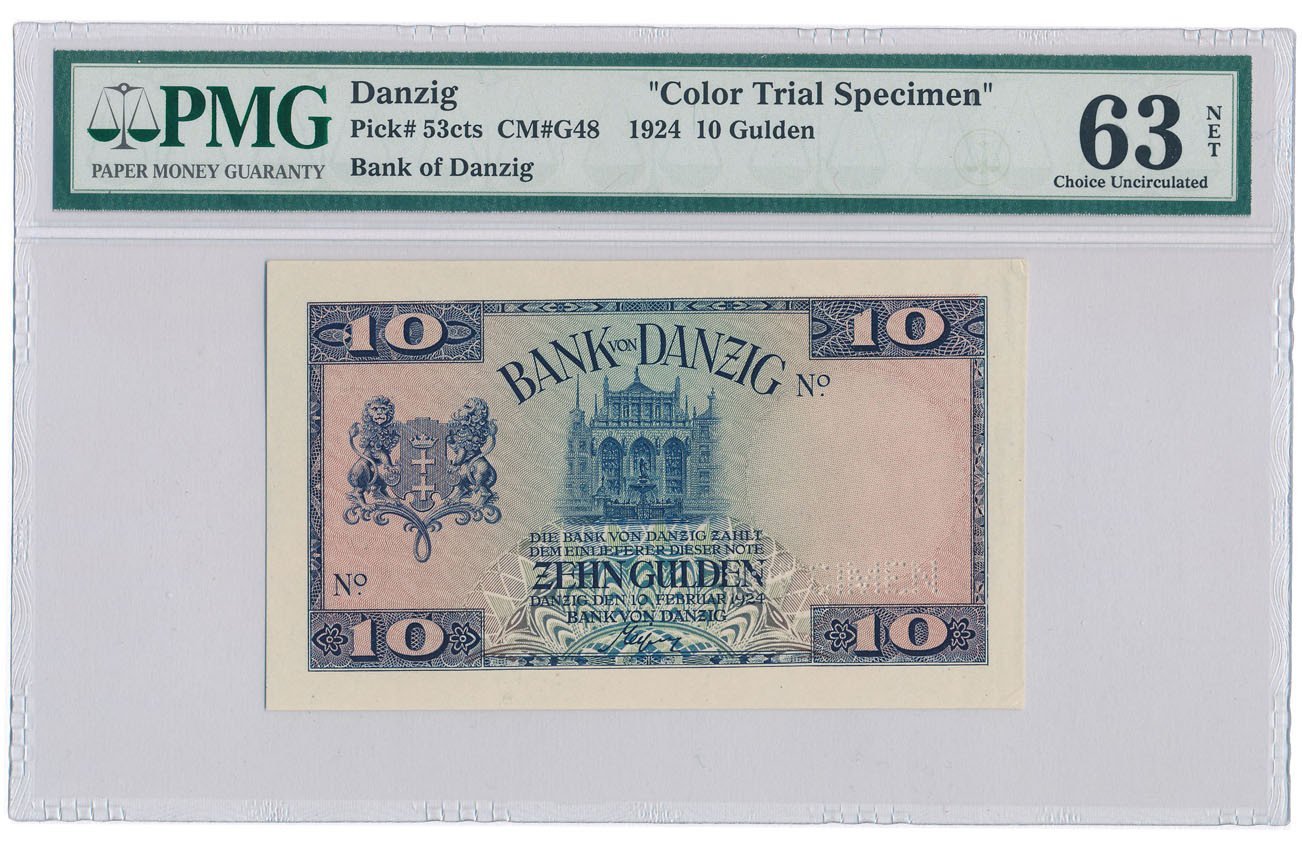 Banknot. Wolne Miasto Gdańsk SPECIMEN 10 guldenów 1924 PMG 63 (MAX)